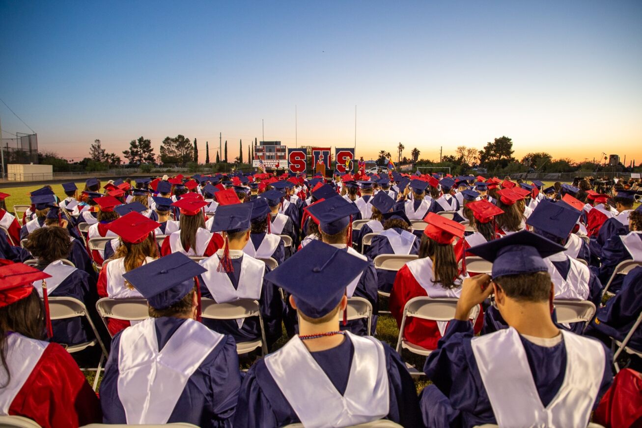 Scene from back of the football stadium during the graduation ceremony