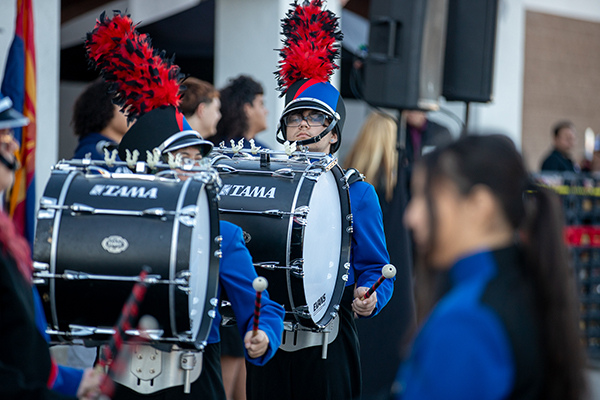 The drumline from the Sahuaro marching band performs during the grand reopening ceremony